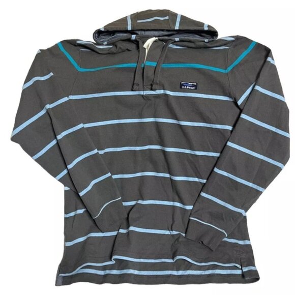LL Bean Shirt Men’s M Grey Blue Striped Lakewashed Rugby Hoodie Henley - Picture 1 of 4